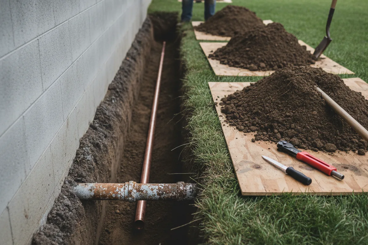 Excavated water line trench during Water Softener Installation in Suwanee